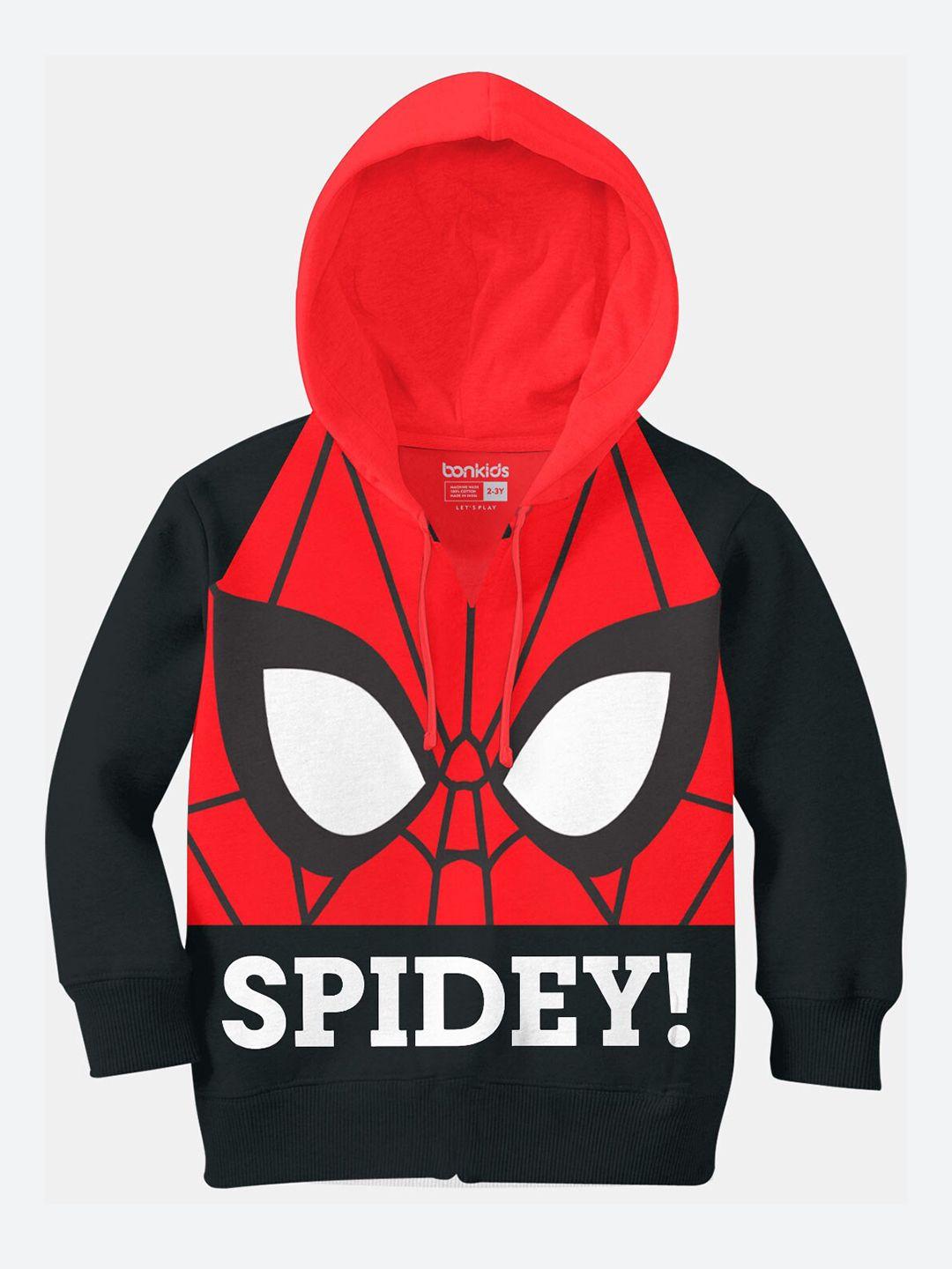 bonkids boys black & red spiderman printed cotton hooded sweatshirt
