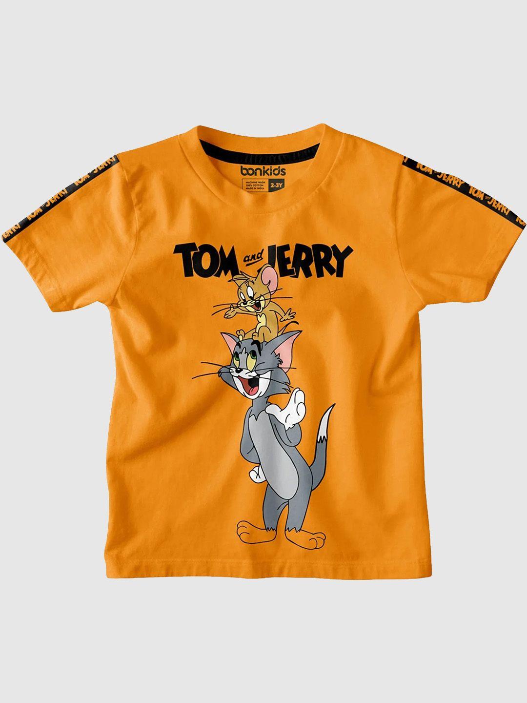 bonkids boys orange tom & jerry printed v-neck slim fit t-shirt