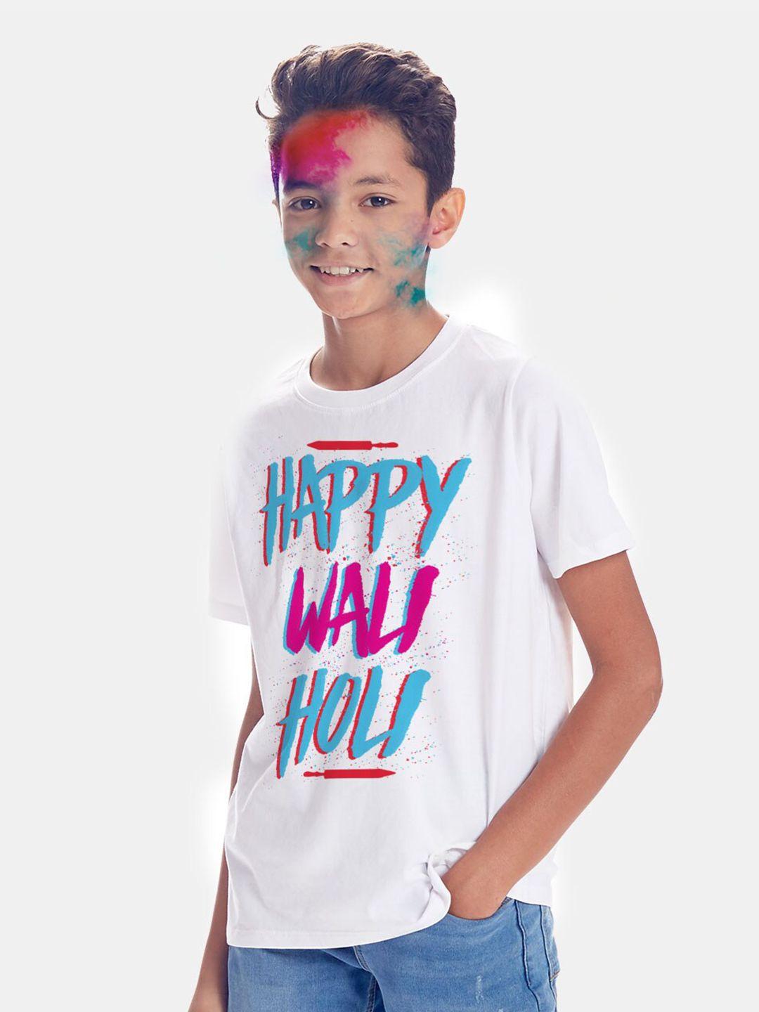 bonkids boys white & blue printed happy wali holi t-shirt
