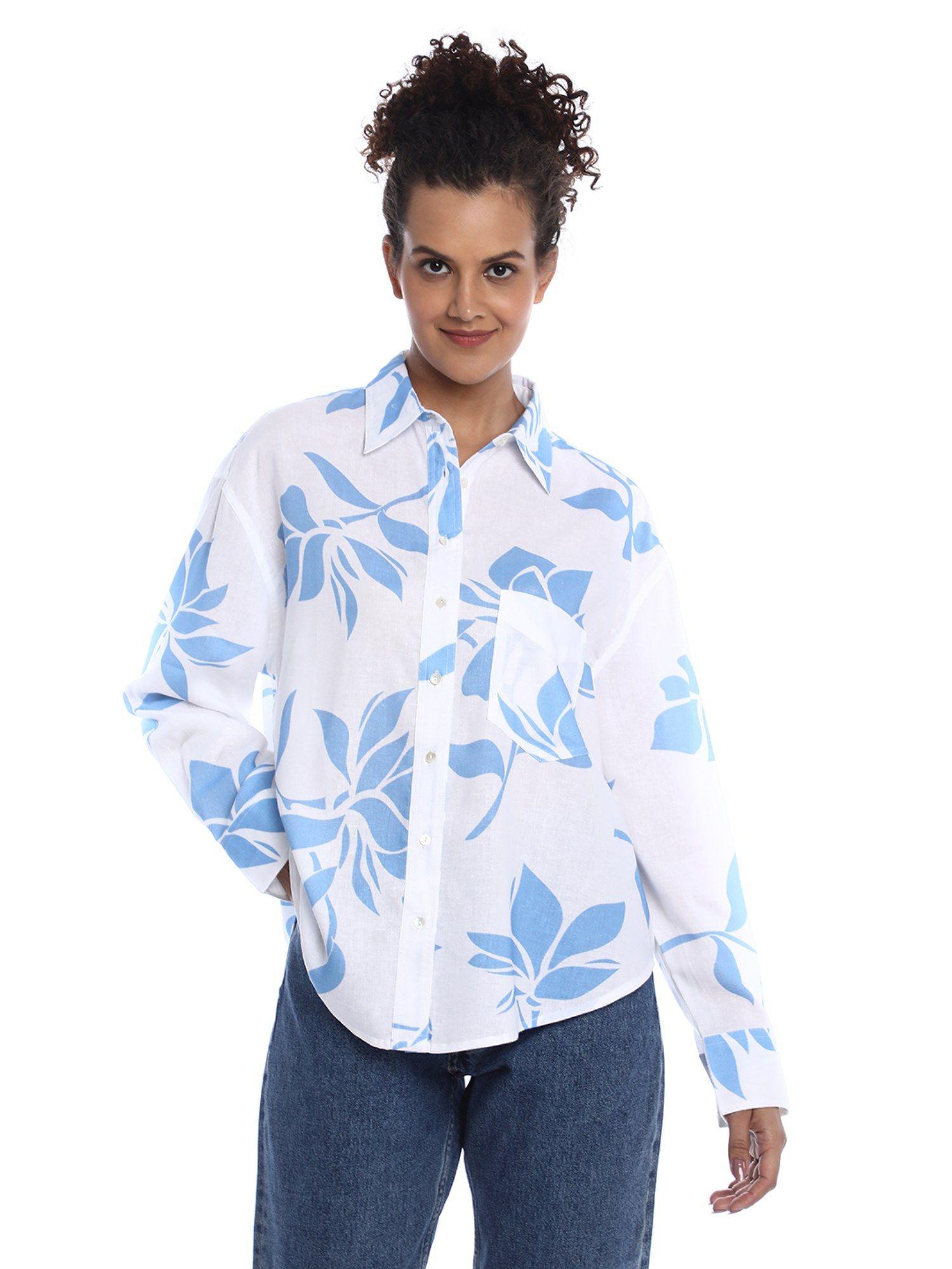 bonnie white and blue floral viscose linen oversized shirt for women