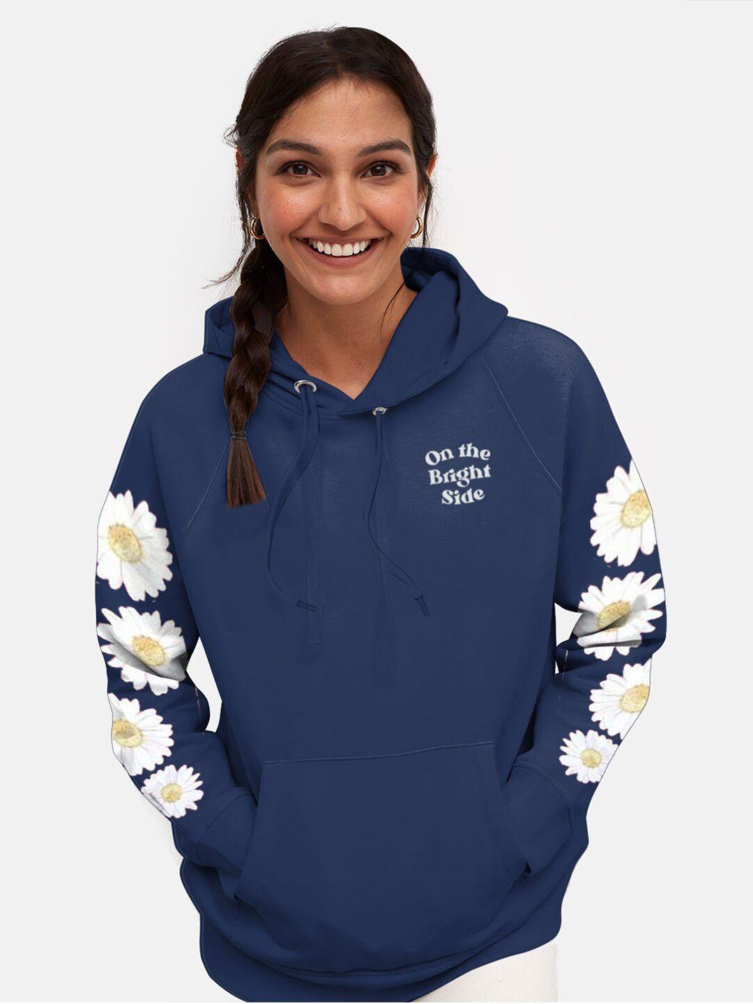 bonorganik women navy blue printed hooded sweatshirt