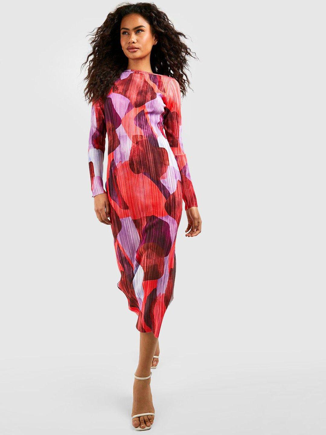 boohoo abstract printed plisse sheath midi dress
