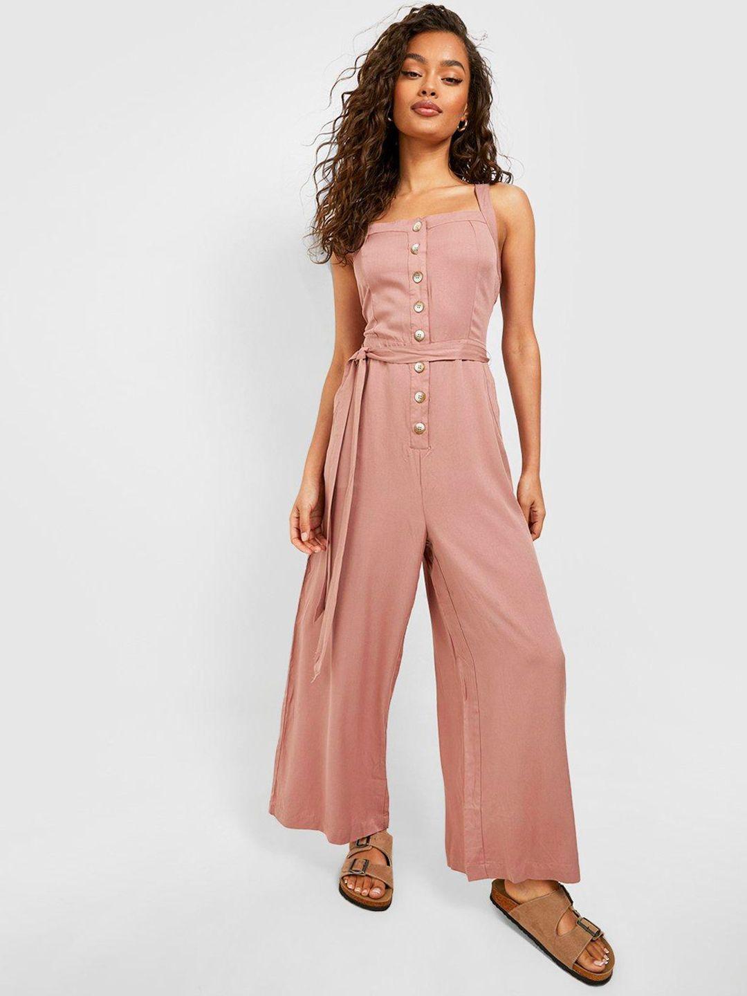 boohoo belted button front wide leg jumpsuit