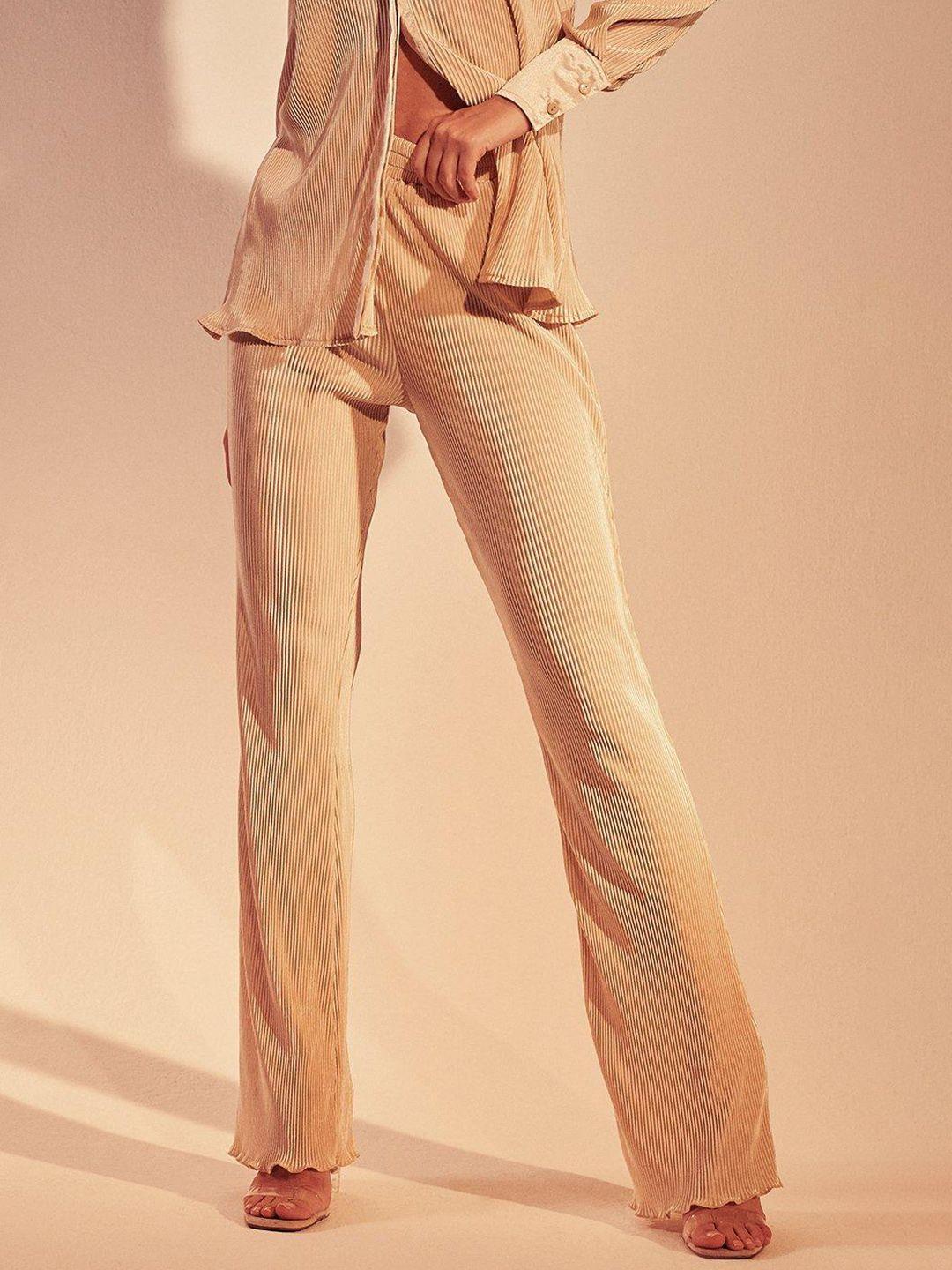 boohoo women plisse satin finish high-rise parallel trousers