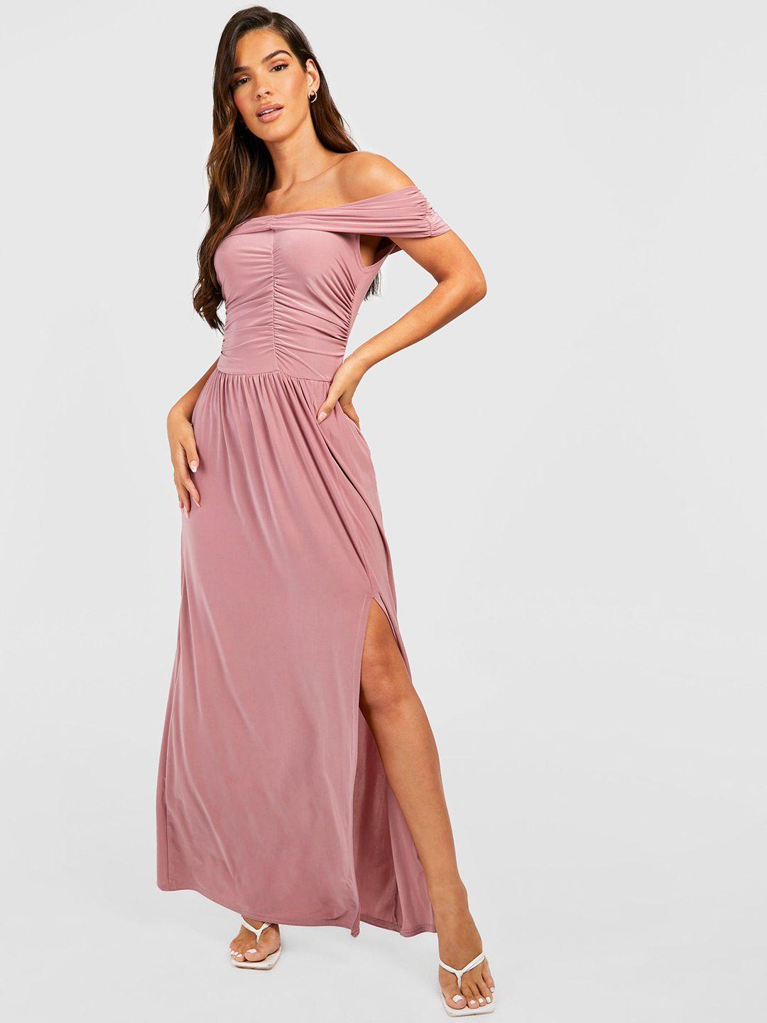 boohoo a-line split detailed bardot maxi dress