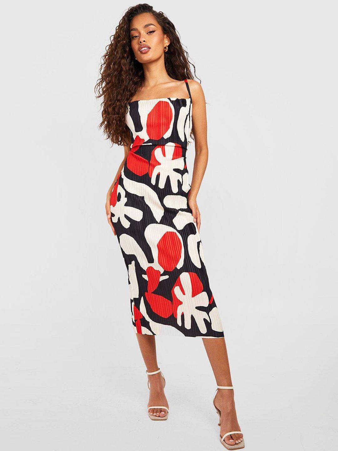 boohoo abstract print accordion pleated sheath midi dress