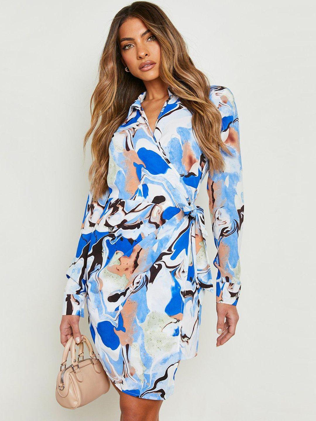 boohoo abstract print belted wrap dress