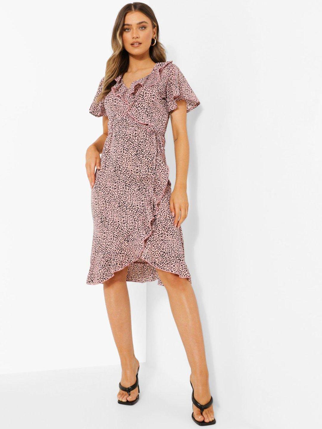 boohoo animal print flutter sleeve ruffled wrap dress