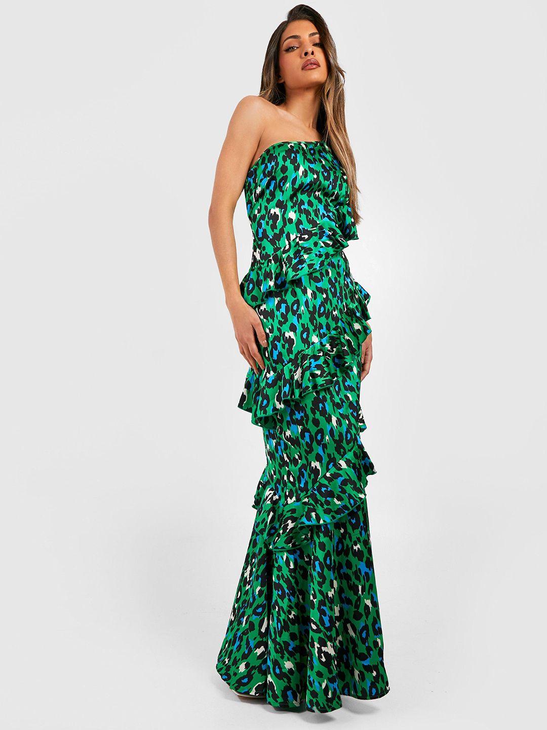 boohoo animal print one shoulder ruffled maxi dress