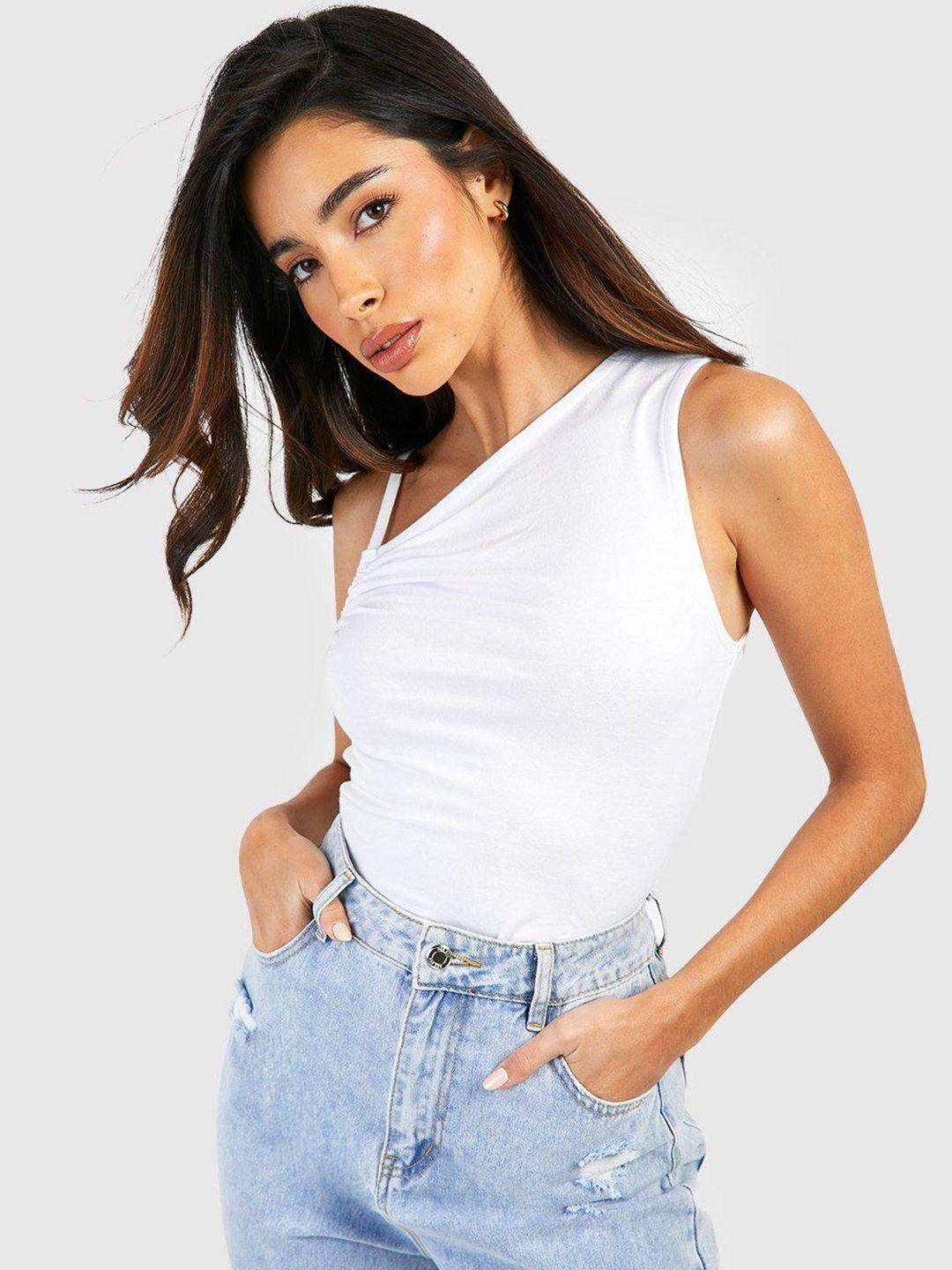 boohoo asymmetric neck ruched fitted top