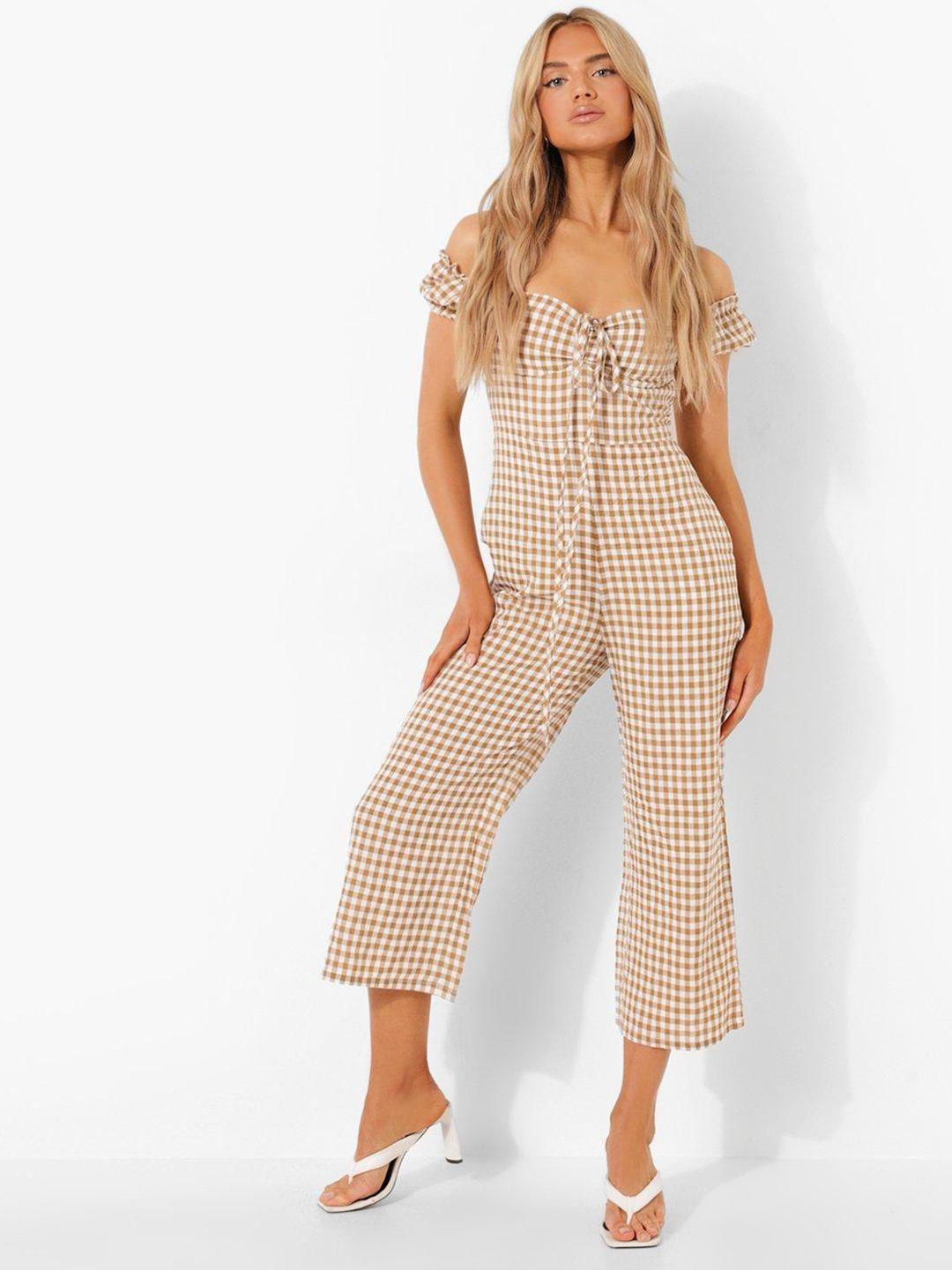 boohoo beige & white off-shoulder gingham checked culotte jumpsuit