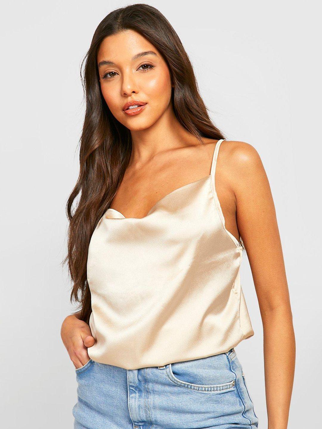 boohoo beige satin finish cowl neck top