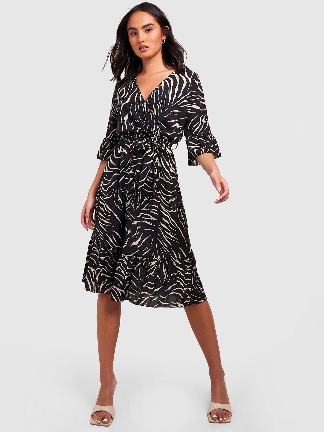 boohoo black & white animal printed wrap dress