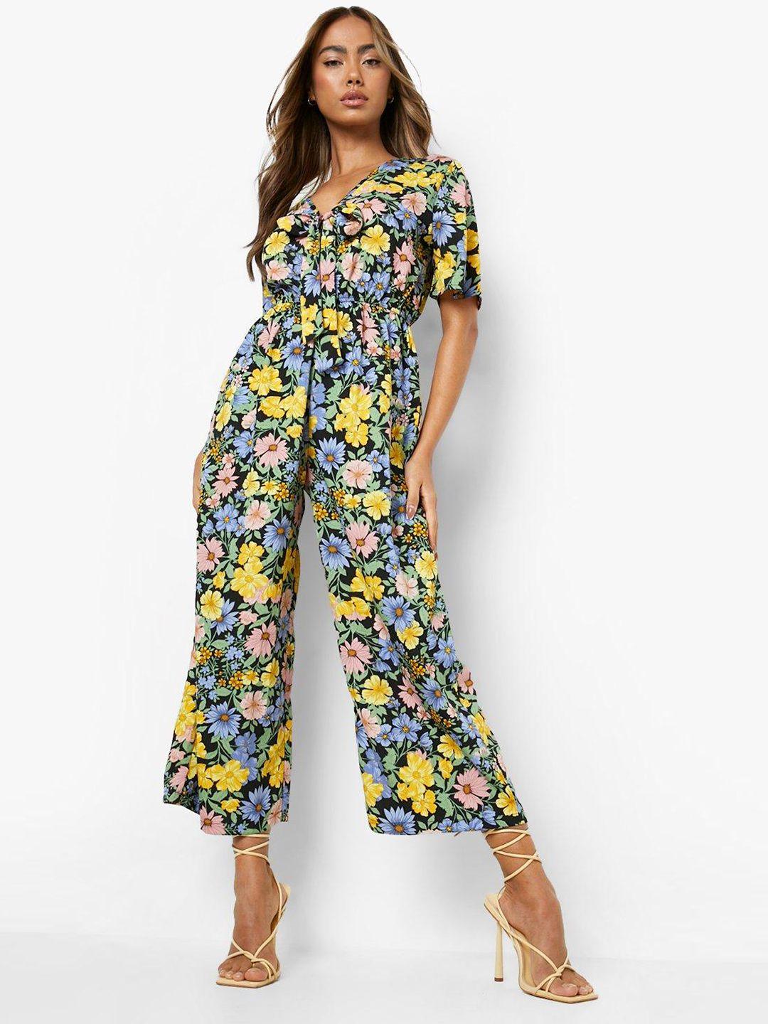 boohoo black & yellow floral printed tie-up neck culotte jumpsuit
