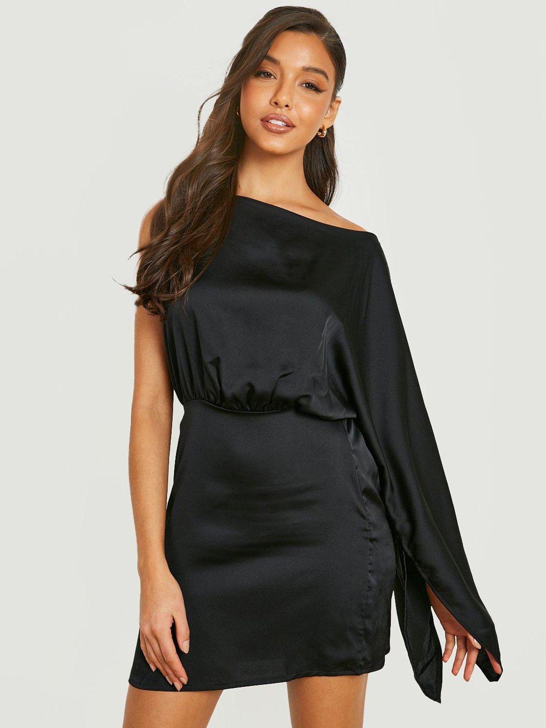 boohoo black satin cape sleeve mini dress