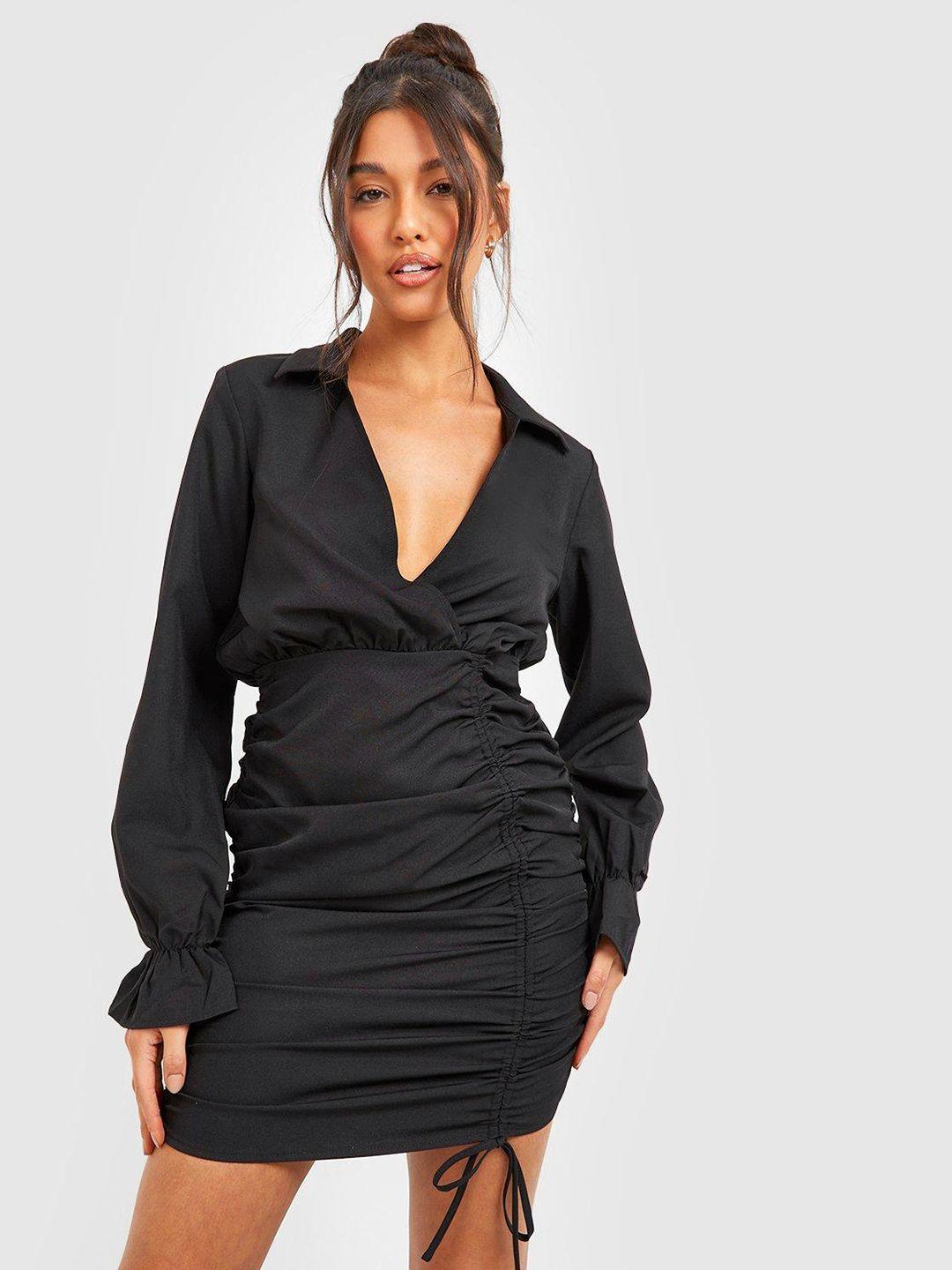 boohoo black v-neck ruched a-line dress