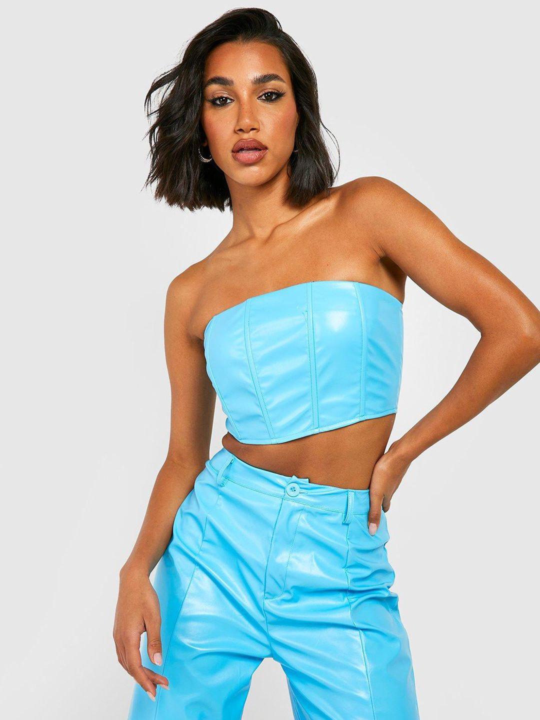 boohoo blue off-shoulder tube crop top