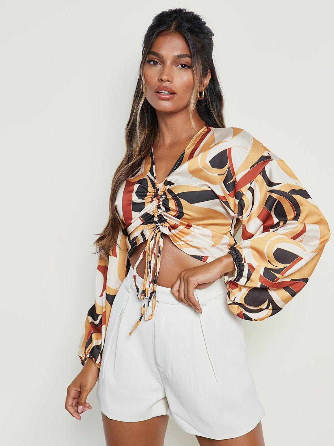 boohoo brown & white abstract print satin finish ruched crop top