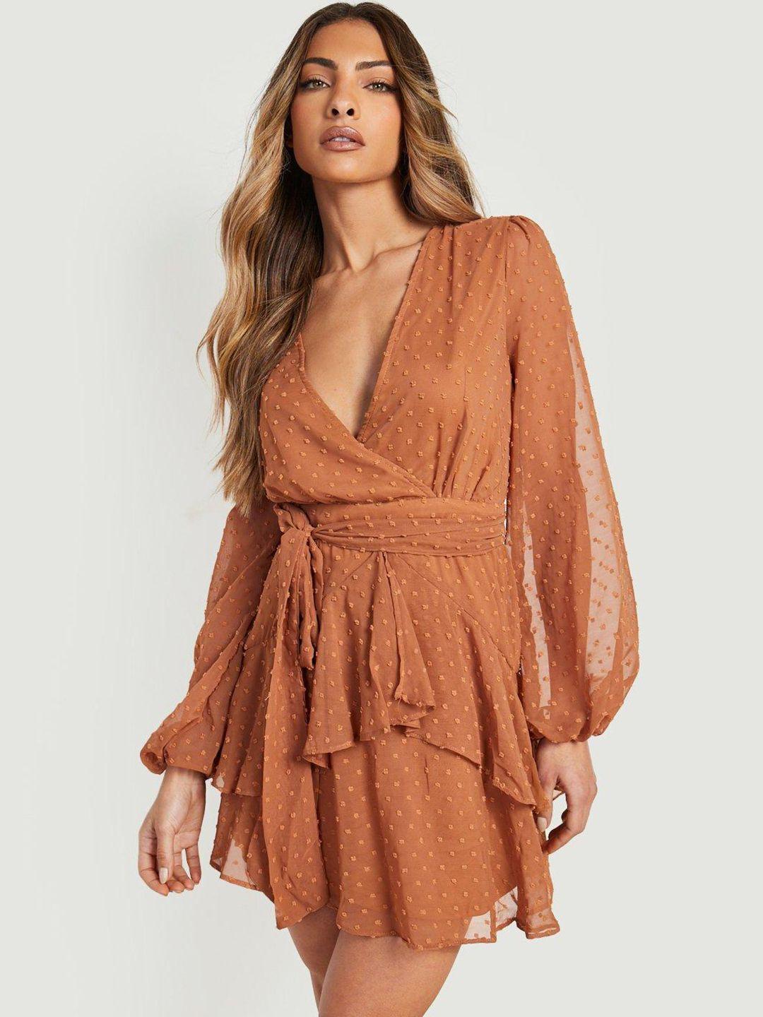 boohoo brown dobby a-line dress