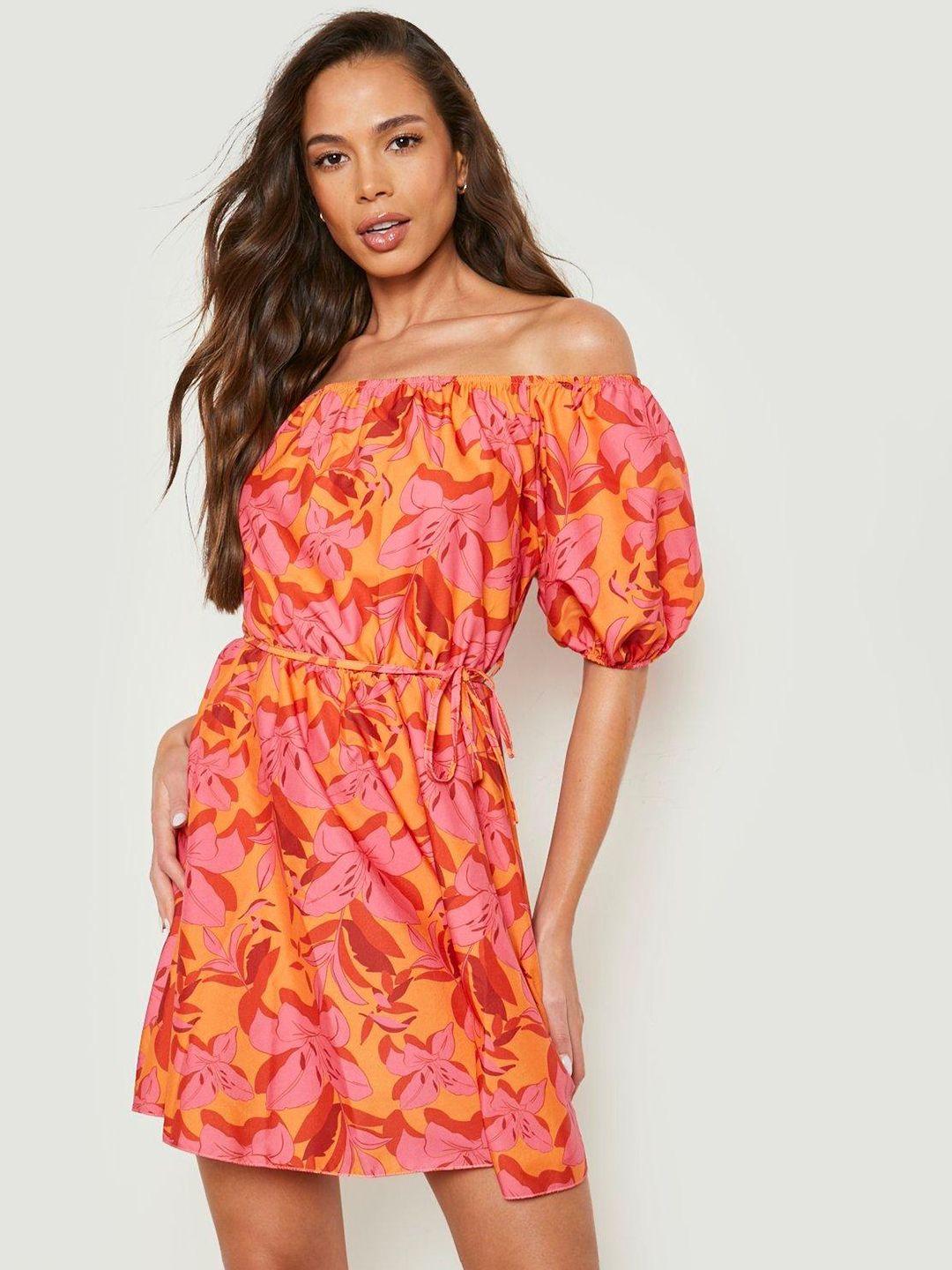 boohoo coral orange & pink floral off-shoulder a-line dress