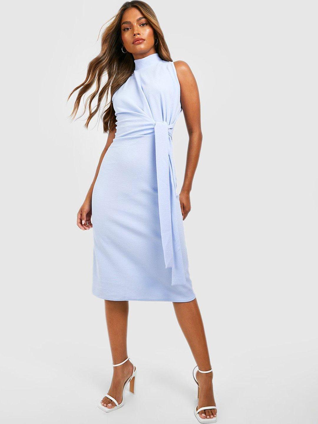 boohoo crepe tie-up waist sheath midi dress