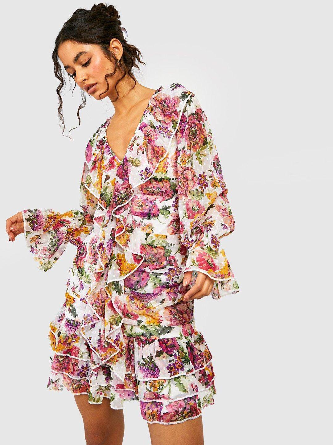 boohoo dobby floral print ruffled a-line mini dress
