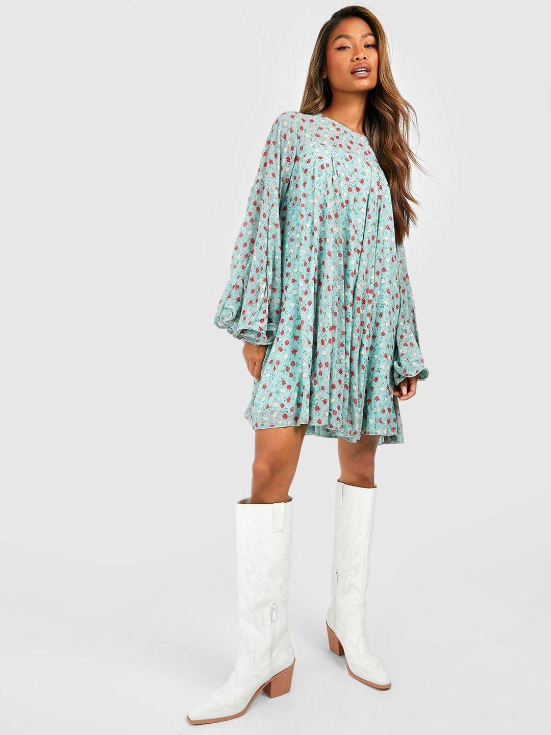 boohoo floral print bell sleeve pleated a-line dress