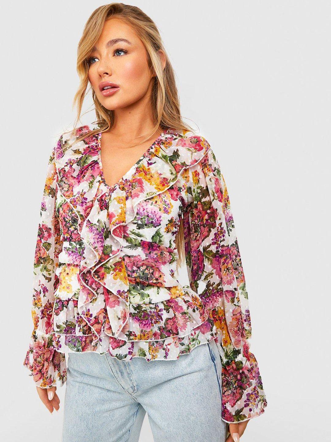 boohoo floral print dobby mesh bell sleeves ruffles top