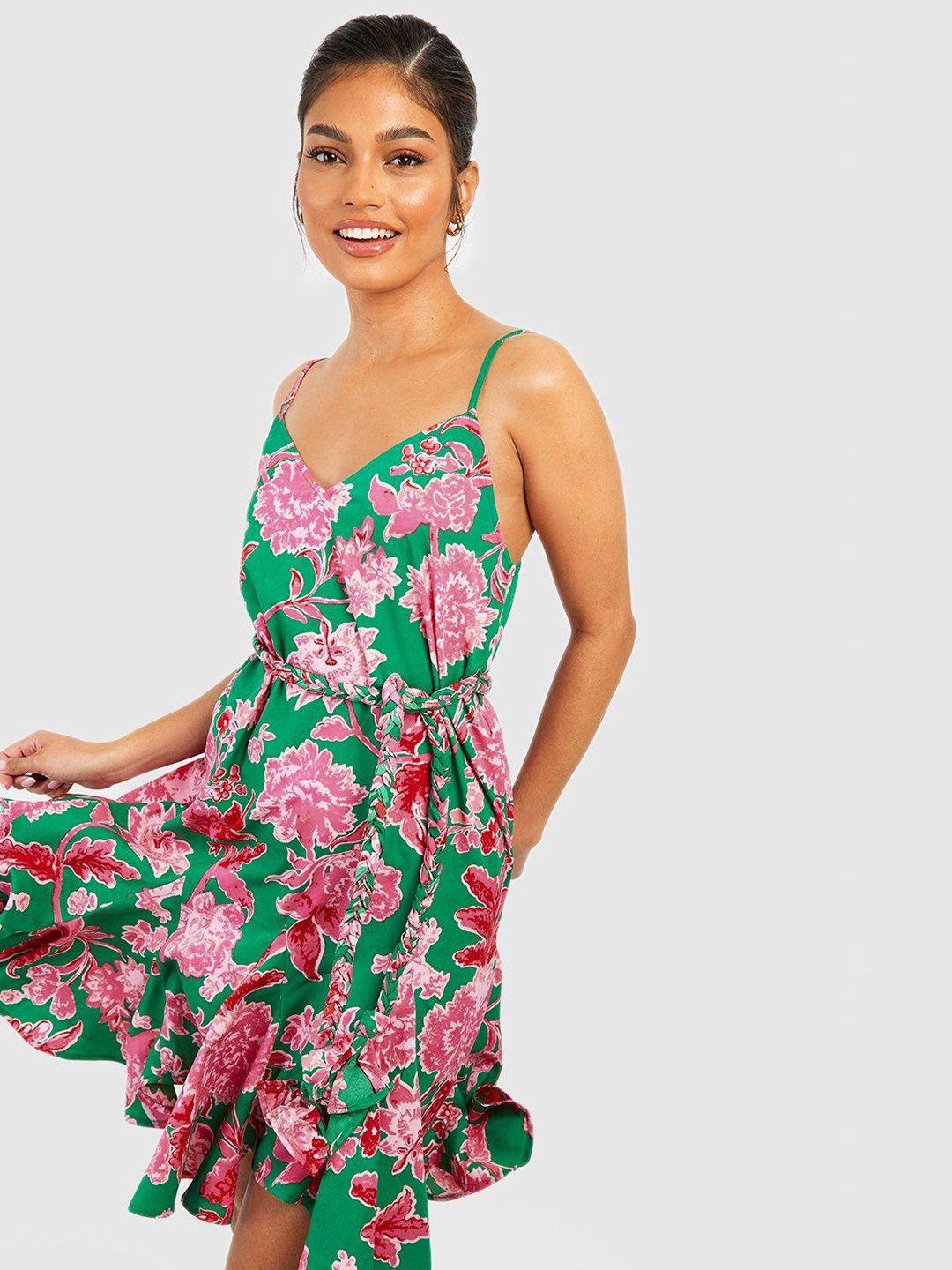 boohoo floral print fit & flare dress with belt