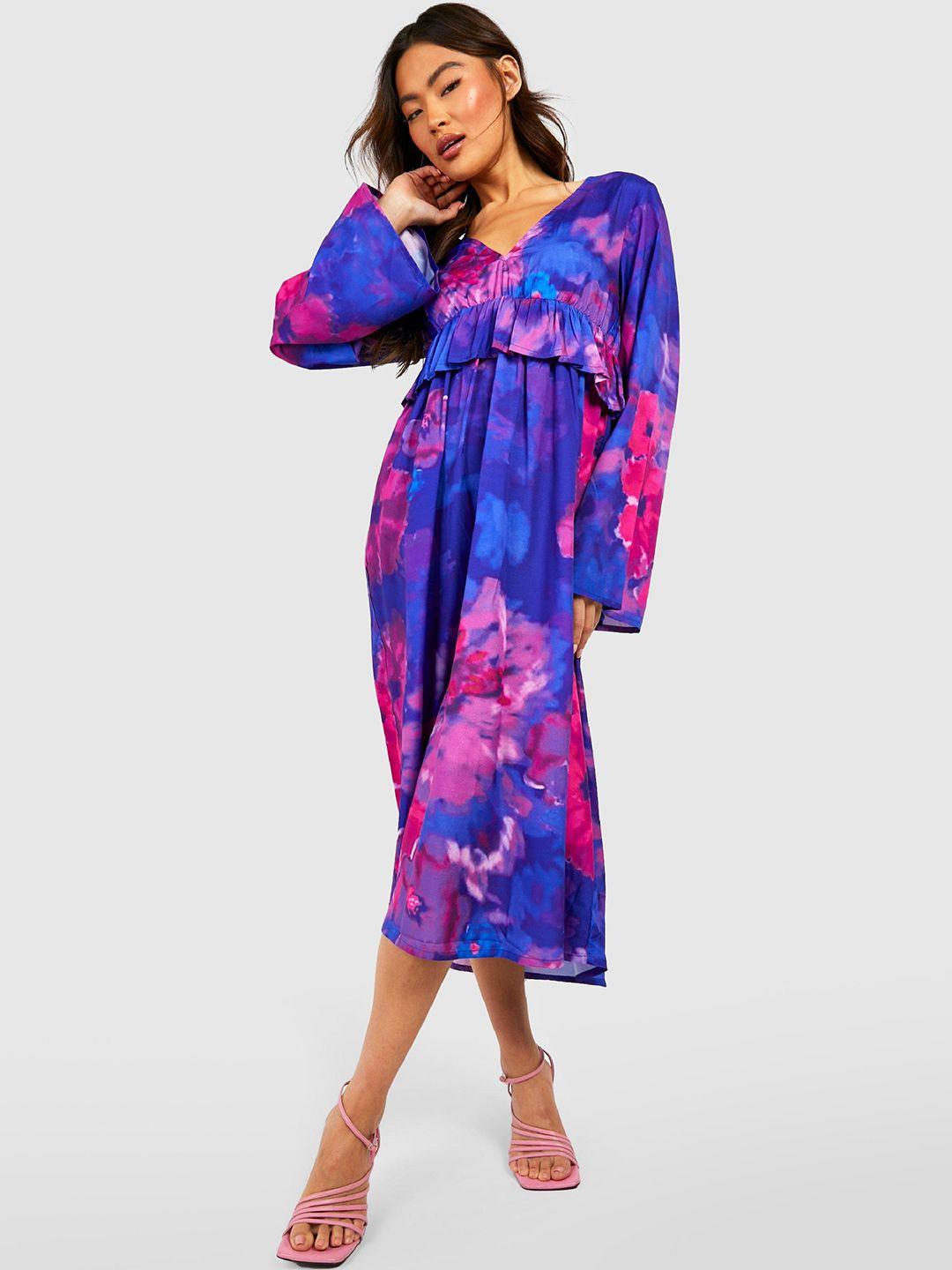 boohoo floral print flared sleeve ruffled chiffon empire midi dress