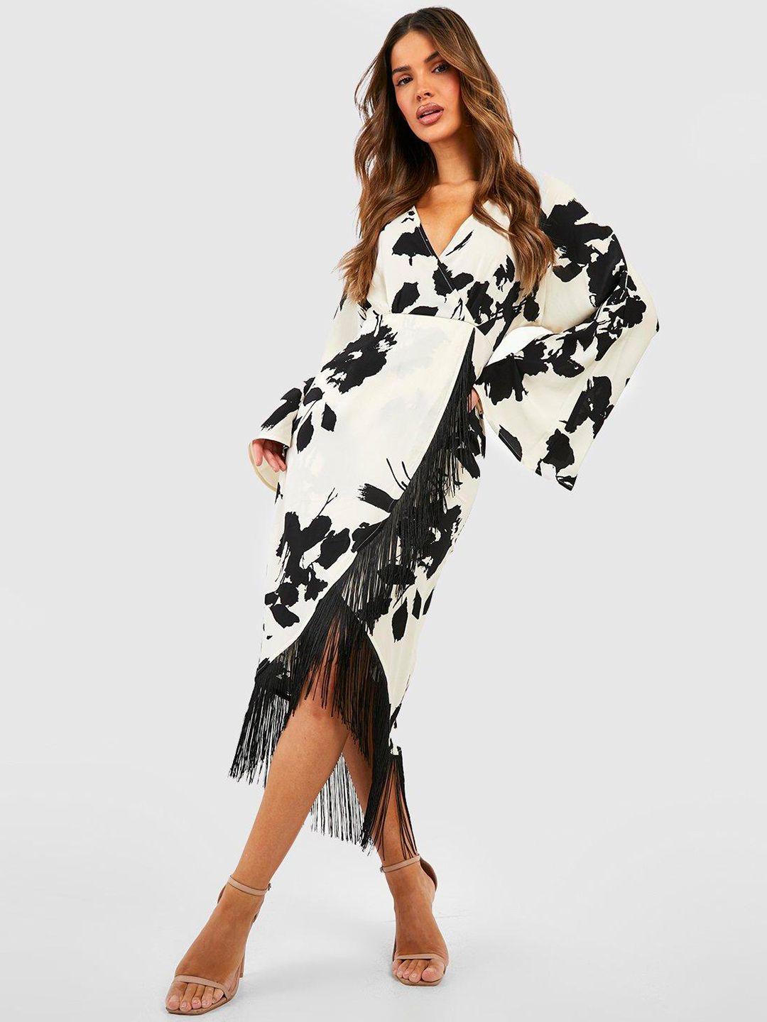 boohoo floral print fringed wrap midi dress