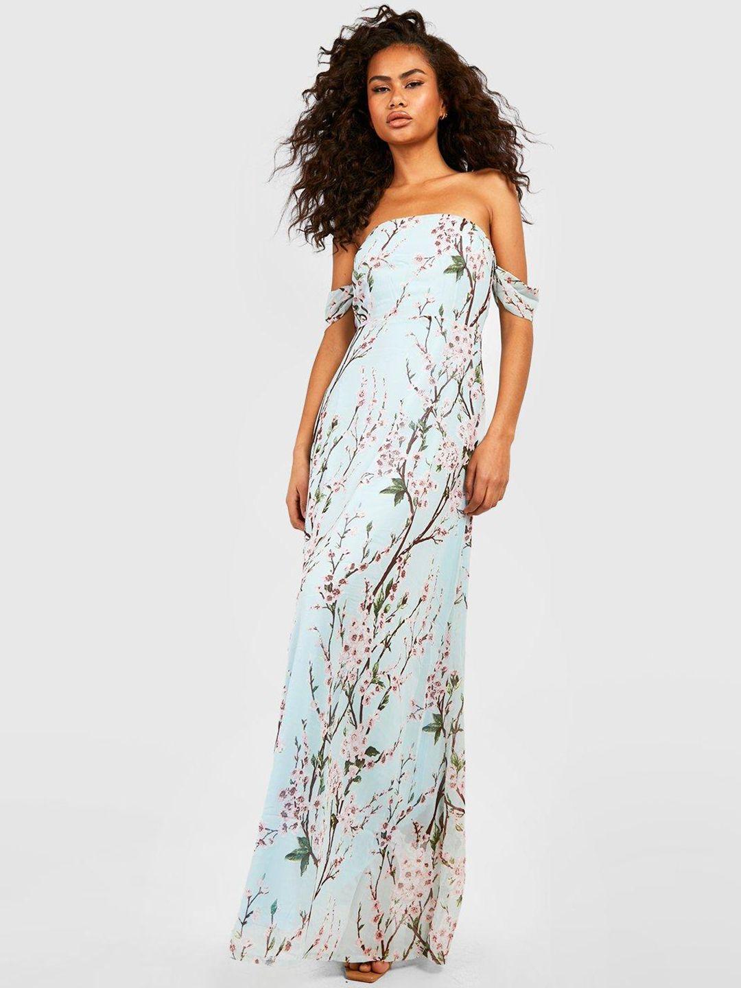 boohoo floral print off-shoulder maxi dress