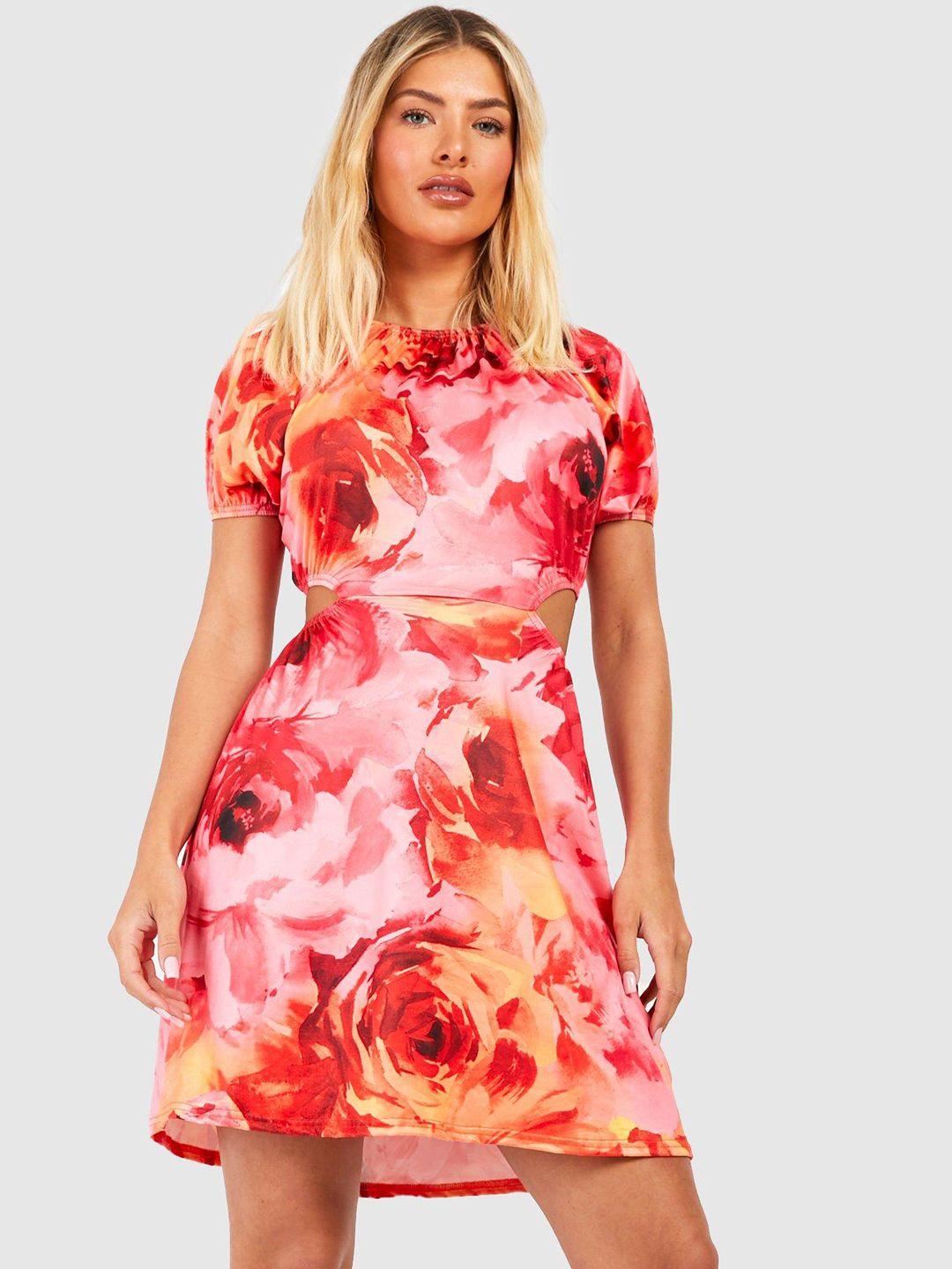 boohoo floral print puff sleeve a-line mini dress