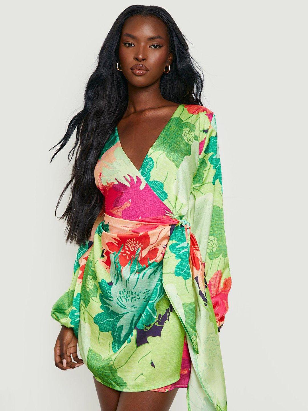 boohoo floral print puff sleeve satin mini wrap dress