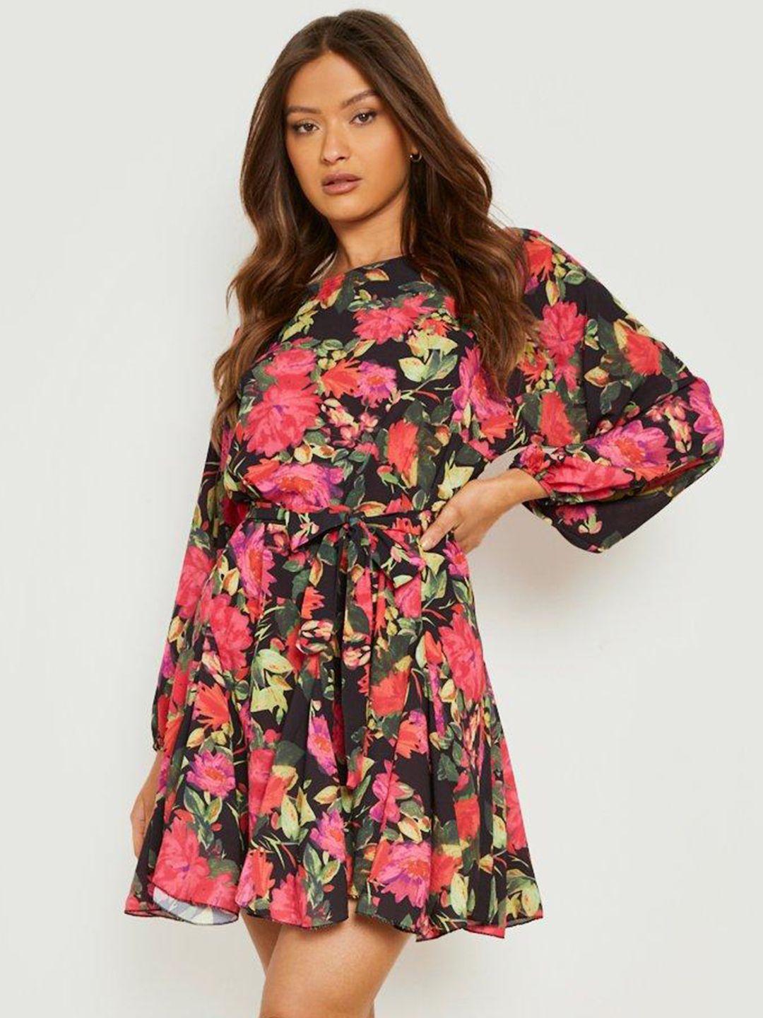 boohoo floral print puff sleeves a-line mini dress