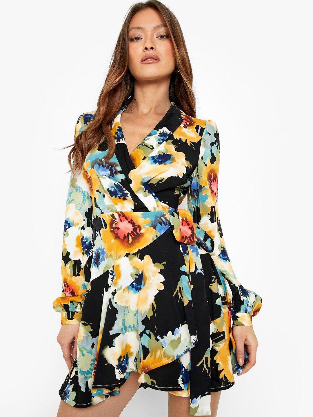 boohoo floral print wrap mini dress