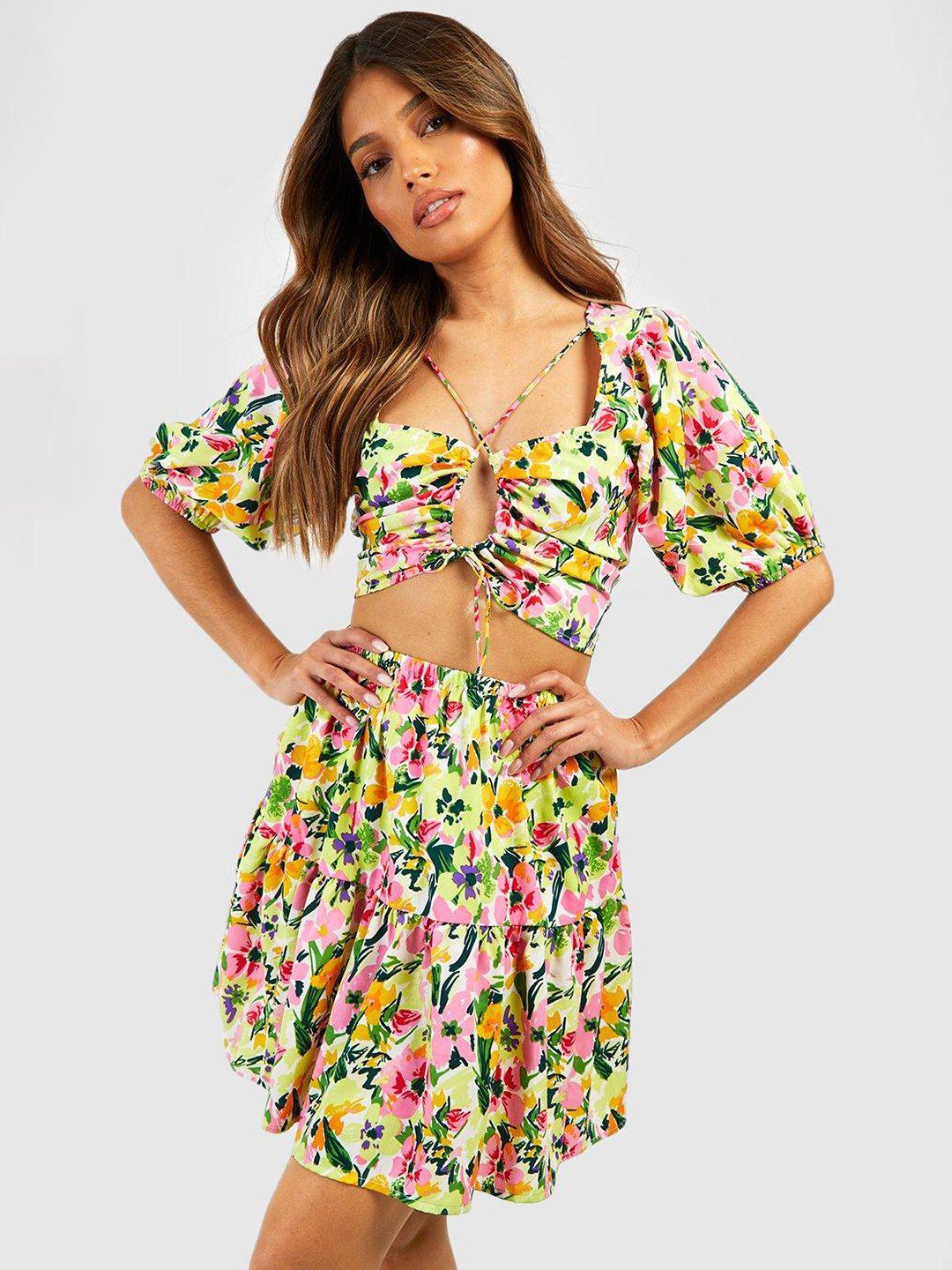 boohoo floral printed cut-out detail crop top with a-line skirt