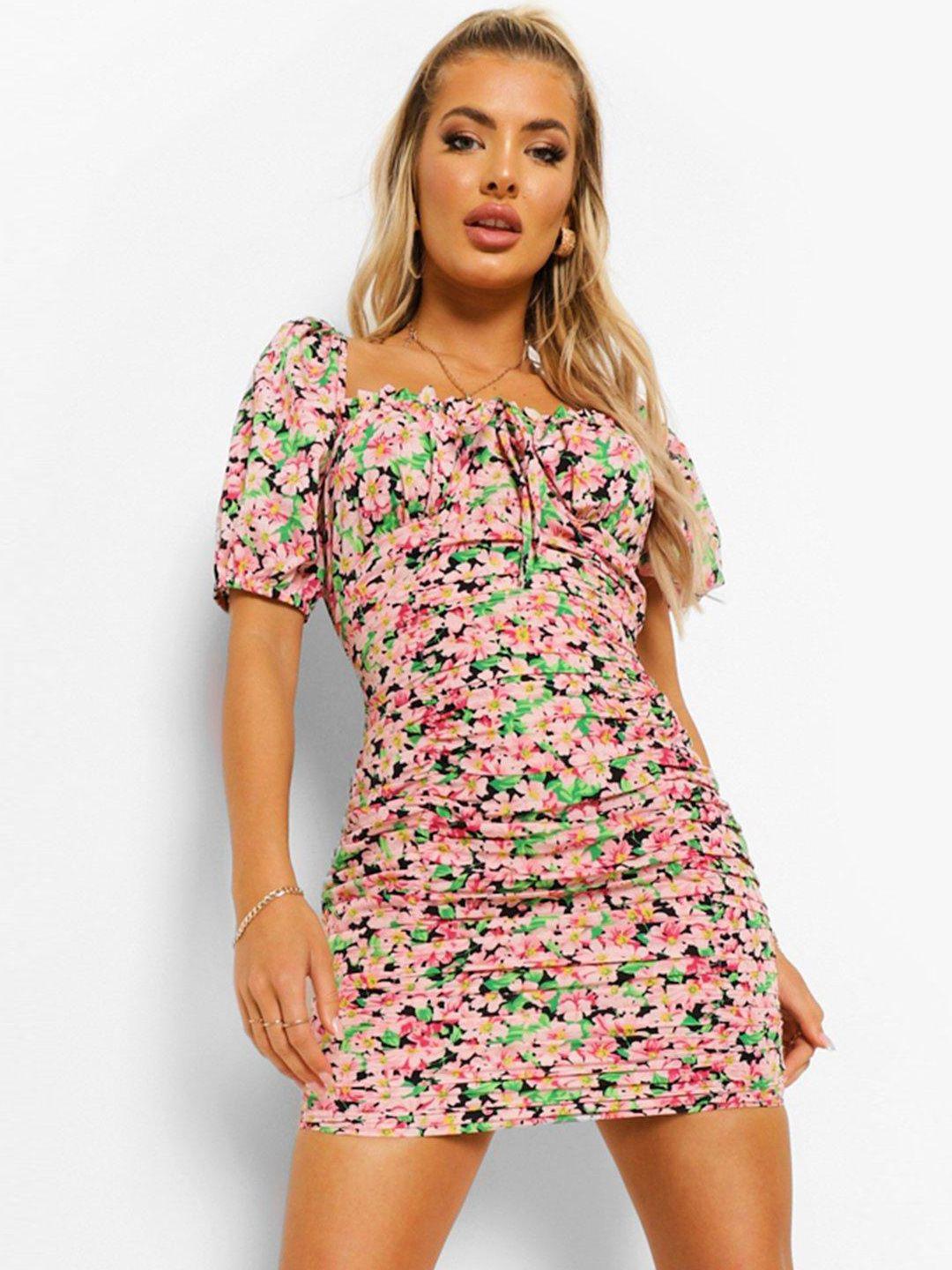 boohoo floral ruched front tie detail mini dress
