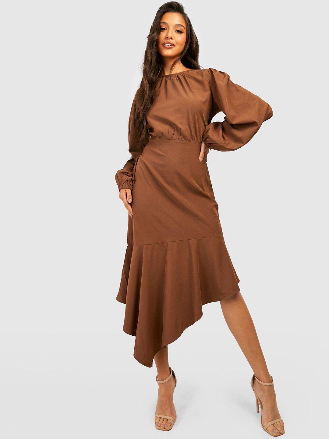 boohoo frilled hem asymmetric midi dress