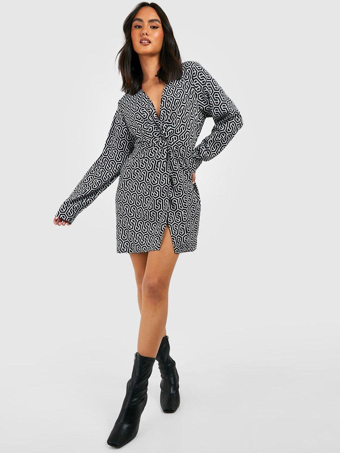 boohoo geometric print twisted detail a-line mini dress