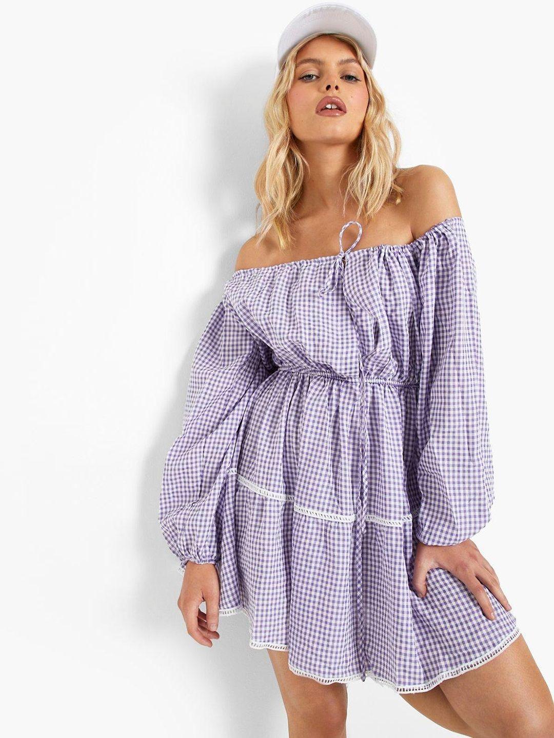 boohoo gingham checks off-shoulder fit & flare dress