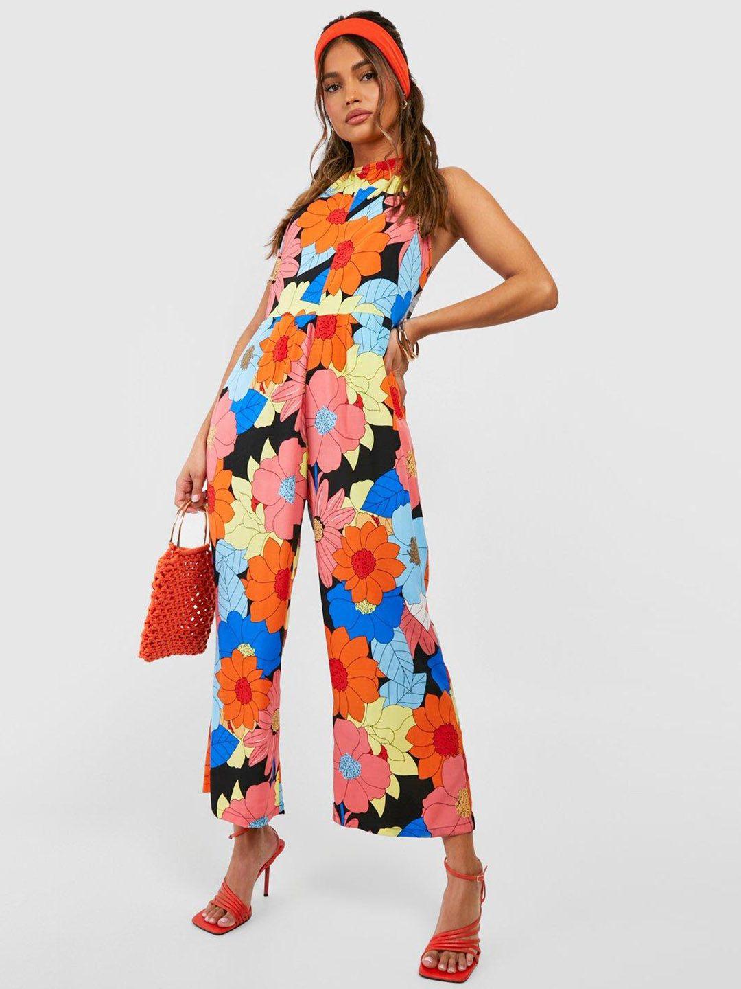 boohoo halter neck printed basic jumpsuit