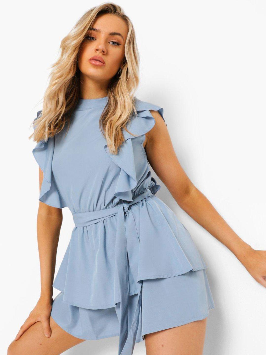 boohoo high neck ruffles detail belted playsuit