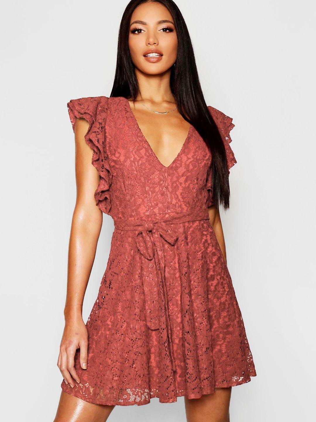 boohoo lace flutter sleeves fit & flare dress