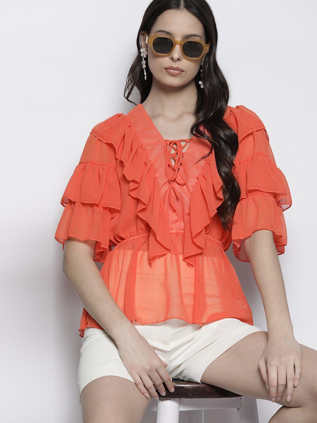 boohoo lace-up detail ruffled flutter sleeves top