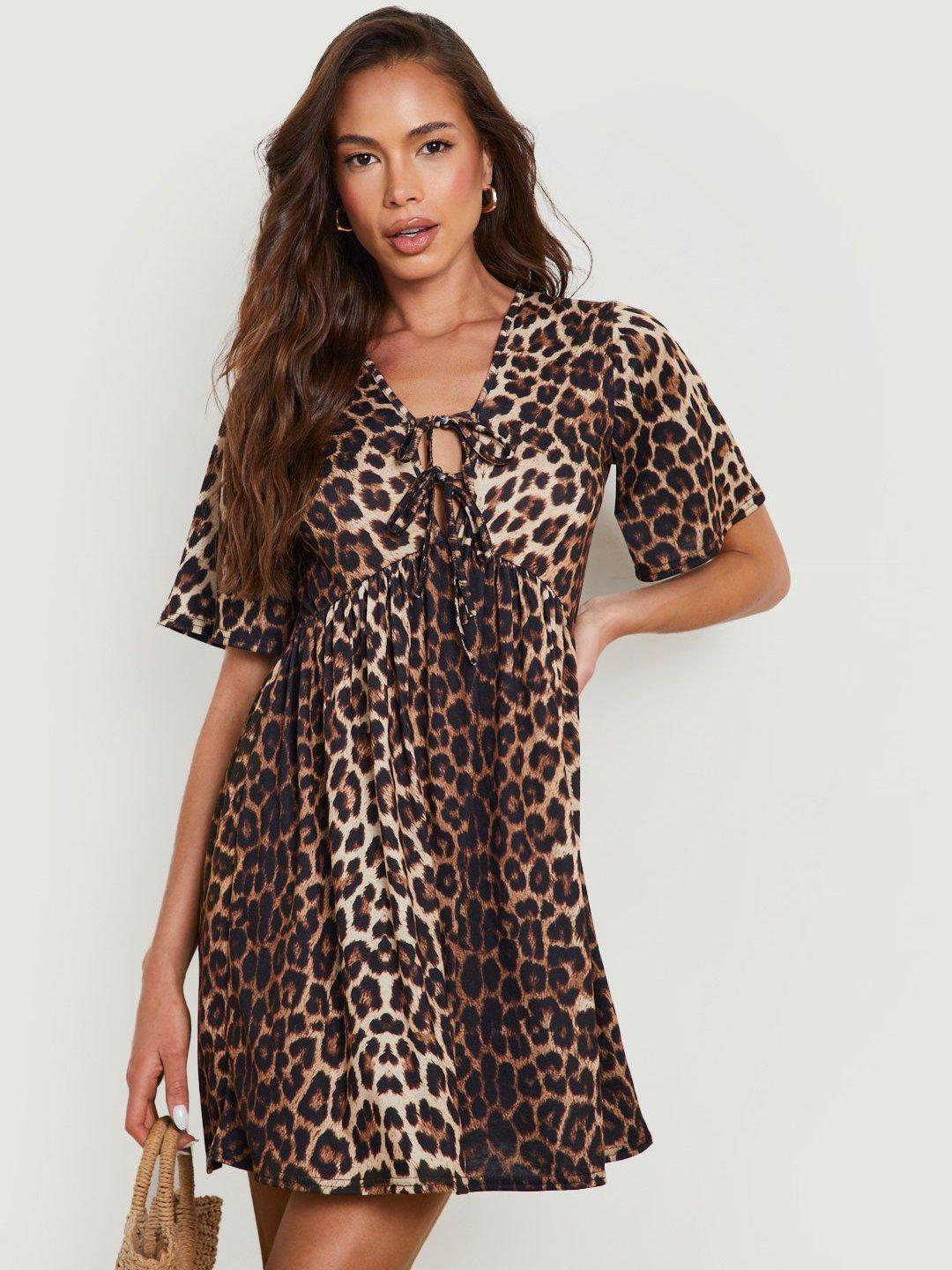boohoo leopard print tie-up neck a-line dress
