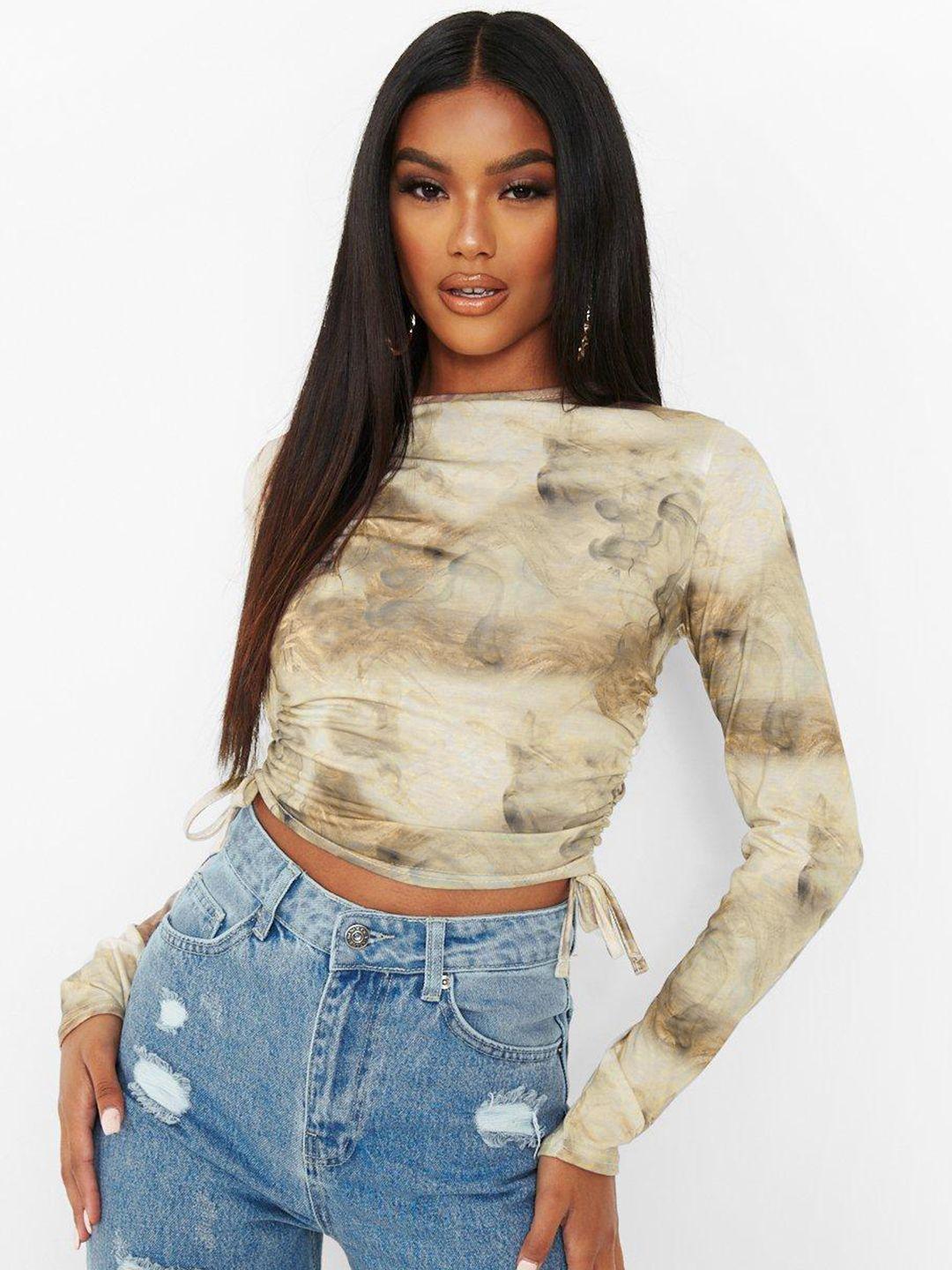 boohoo marble printed ruched long sleeve crop top