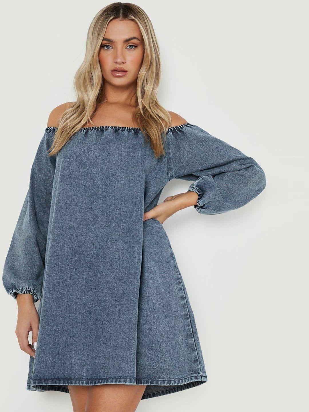 boohoo off-shoulder denim a-line mini dress