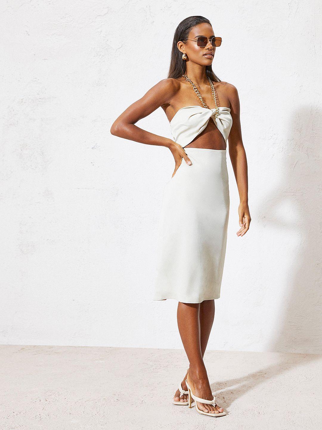 boohoo off white off-shoulder sheath dress