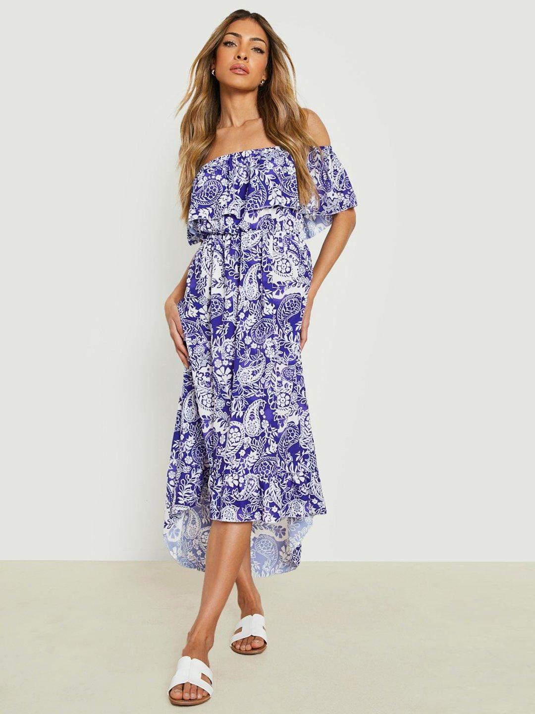 boohoo paisley print off-shoulder layered bardot mdi dress